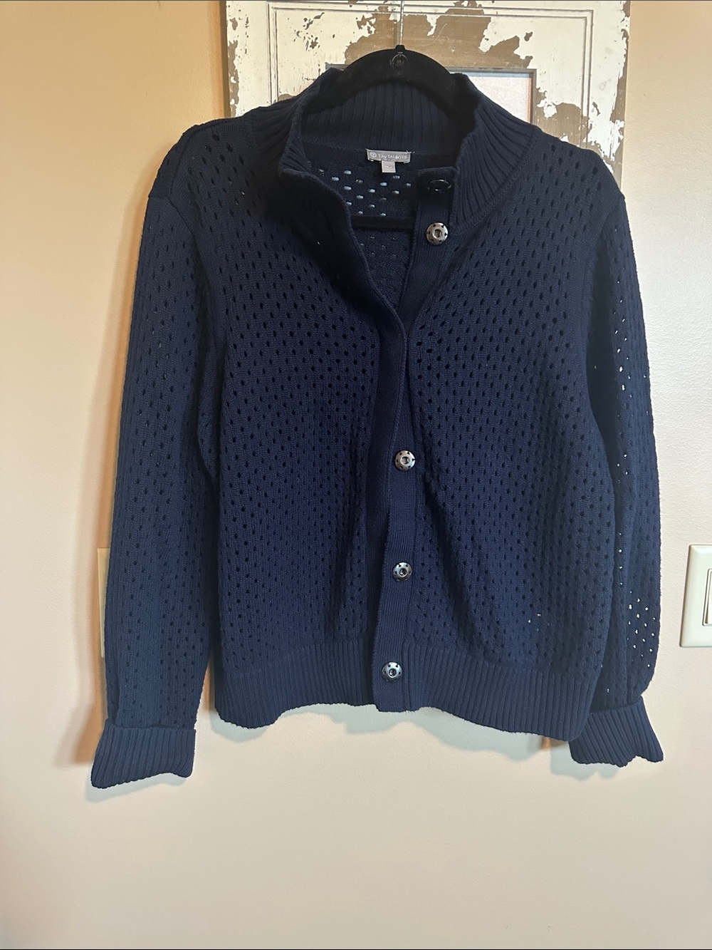 T by Talbots Navy Open-Work Snap-Front Cardigan, Petite XL
